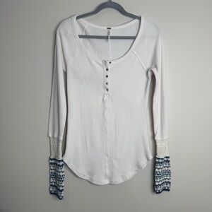 Free People Newbie Ski Lodge Waffle Henley Crochet Cuff White Blue Size Large